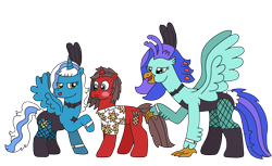 Size: 3264x2000 | Tagged: safe, alternate version, artist:supahdonarudo, derpibooru exclusive, oc, oc only, oc:fleurbelle, oc:ironyoshi, oc:sea lilly, alicorn, classical hippogriff, hippogriff, pony, unicorn, blushing, bowtie, bunny ears, bunny suit, clothes, fishnet stockings, high res, shirt, simple background, this will end in snu snu, transparent background