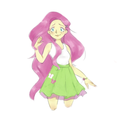Size: 1138x1113 | Tagged: safe, artist:kiwifuuu, fluttershy, equestria girls, g4, clothes, simple background, skirt, smiling, solo, tank top, white background
