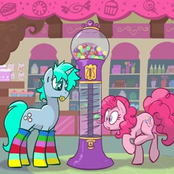 Size: 2048x2048 | Tagged: safe, artist:pfeffaroo, pinkie pie, oc, oc only, earth pony, pony, unicorn, clothes, coin, gumball machine, high res, mouth hold, socks, solo, striped socks