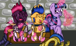 Size: 3300x2000 | Tagged: safe, artist:nazreen115, fizzlepop berrytwist, flash sentry, tempest shadow, twilight sparkle, alicorn, pegasus, pony, g4, armor, bedroom eyes, bisexual, bondage, brush, chains, clipboard, crying, cuffs, erotic tickling, eye scar, eyes closed, feather, female, femdom, femsub, fetish, frog (hoof), glowing horn, grin, guard, helmet, high res, hoof fetish, hoof shoes, hoof tickling, horn, laughing, lesbian, levitation, lip bite, lotion, lotion bottle, magic, male, malesub, mare, oil, open mouth, paintbrush, pencil, polyamory, raised hoof, scar, ship:flashlight, ship:tempestlight, shipping, smiling, stallion, stocks, straight, submissive, tears of laughter, telekinesis, tempestflashlight, tickle fetish, tickle torture, tickling, twilight sparkle (alicorn), underhoof, wall of tags