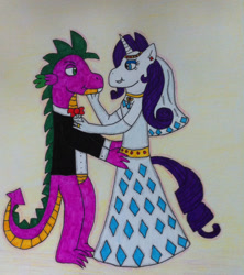 Size: 1226x1378 | Tagged: safe, artist:dragonpriness, rarity, spike, anthro, g4, clothes, dress, female, male, marriage, older, older spike, ship:sparity, shipping, straight, traditional art, tuxedo, wedding, wedding dress