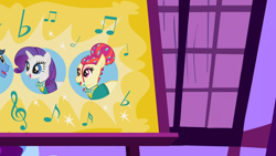 Size: 1280x720 | Tagged: safe, screencap, rarity, toe-tapper, torch song, filli vanilli, g4, background, music notes, night, no pony, scenic ponyville, sugarcube corner, the ponytones, wall, window