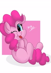 Size: 2887x4096 | Tagged: safe, artist:skylinepony_, pinkie pie, earth pony, pony, g4, ;p, cute, diapinkes, female, filly, filly pinkie pie, looking at you, one eye closed, simple background, solo, tongue out, younger