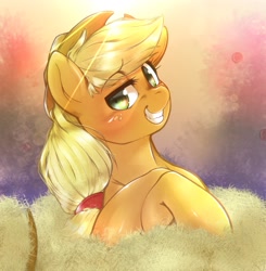 Size: 2005x2048 | Tagged: safe, artist:kurogewapony, applejack, earth pony, pony, g4, cute, eyebrows, eyebrows visible through hair, female, grin, hay bale, high res, jackabetes, looking at you, mare, smiling, smug, solo