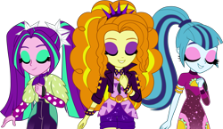 Size: 4475x2604 | Tagged: safe, artist:zoe-975, edit, vector edit, adagio dazzle, aria blaze, sonata dusk, equestria girls, equestria girls series, find the magic, g4, spoiler:eqg series (season 2), clothes, eyes closed, eyeshadow, greenbutt pants, high res, jacket, makeup, makeup edit, simple background, smiling, taco dress, the dazzlings, the dazzlings have returned, transparent background, trio, vector