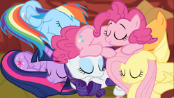 Size: 1366x768 | Tagged: safe, applejack, fluttershy, pinkie pie, rainbow dash, rarity, twilight sparkle, alicorn, earth pony, pegasus, pony, unicorn, g4, belly, endosoma, eyes closed, floppy ears, inside stomach, internal, lying down, mane six, prone, sleeping, smiling, twilight sparkle (alicorn)