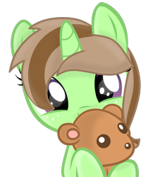 Size: 1080x1351 | Tagged: safe, artist:grapefruit-face, oc, oc only, oc:limey lulamoon, pony, unicorn, female, filly, hug, looking at you, parents:grapexie, show accurate, simple background, solo, teddy bear, transparent background