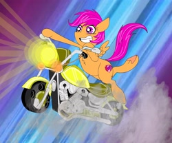 Size: 3930x3276 | Tagged: safe, scootaloo, pegasus, pony, g4, anime, female, filly, grin, high res, motorcycle, smiling, underhoof