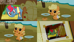 Size: 1280x720 | Tagged: safe, edit, edited screencap, editor:quoterific, screencap, apple split, applejack, earth pony, pony, apple family reunion, g4, season 3, ^^, apple family member, apple fritter (food), baby, baby pony, babyjack, cute, diaper, eyes closed, female, foal, food, hnnng, jackabetes, male, mare, open mouth, smiling, stallion, weapons-grade cute, younger