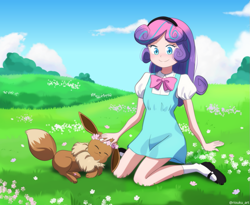 Size: 1099x900 | Tagged: safe, artist:riouku, princess flurry heart, eevee, equestria girls, g4, clothes, commission, crossover, equestria girls-ified, female, grass, meadow, older, older flurry heart, pet, petting, pokémon
