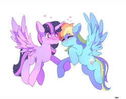 Size: 1295x1021 | Tagged: safe, artist:aaa-its-spook, rainbow dash, twilight sparkle, alicorn, pegasus, pony, g4, blushing, cute, duo, duo female, eyebrows, eyebrows visible through hair, eyes closed, female, flying, heart, holding hooves, lesbian, mare, ship:twidash, shipping, signature, simple background, smiling, spread wings, twilight sparkle (alicorn), white background, white pupils, wings