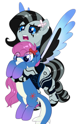 Size: 3100x4750 | Tagged: safe, artist:kristina, oc, oc only, oc:achromia, oc:bubble pop, original species, pegasus, pony, robot, robot pony, shark, shark pony, base used, carrying, duo, heart eyes, high res, open mouth, wingding eyes