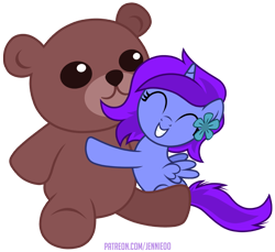 Size: 1200x1098 | Tagged: safe, artist:jennieoo, oc, oc only, oc:aliss, alicorn, pony, alicorn oc, cute, female, filly, flower, foal, happy, horn, hug, plushie, show accurate, smiling, solo, spread wings, wings