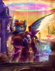 Size: 1556x2000 | Tagged: safe, artist:tsitra360, rainbow dash, pegasus, pony, g4, armor, astartes, commission, crossover, electricity, female, mare, power armor, purple eyes, scenery, solo, space marine, video game crossover, warhammer (game), warhammer 40k
