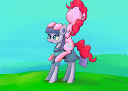 Size: 800x571 | Tagged: safe, artist:senx, maud pie, pinkie pie, earth pony, pony, g4, clothes, dress, duo, female, hill, mare, nose in the air, pie sisters, pinkie pie riding maud pie, ponies riding ponies, riding, siblings, sisters, smiling