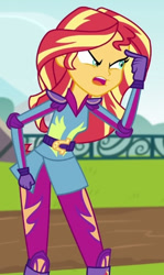 Size: 330x555 | Tagged: safe, screencap, sunset shimmer, equestria girls, g4, my little pony equestria girls: friendship games, angry, cropped, looking right, solo, touching head