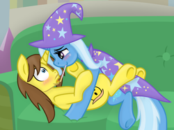 Size: 1080x811 | Tagged: safe, artist:grapefruit-face, trixie, oc, oc:grapefruit face, pony, g4, bedroom eyes, blushing, canon x oc, cape, clothes, couch, duo, female, food, grapexie, hat, male, pinned down, pocky, pocky game, shipping, shocked, show accurate, straight, trixie's cape, trixie's hat