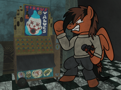 Size: 2732x2048 | Tagged: safe, artist:captshowtime, oc, oc only, oc:stay metal, pegasus, semi-anthro, angry, arm hooves, bioshock, circus of values, clothes, crossover, dark, dirty, game, grrrr, high res, horror, machine, ponysona, rapture, solo, vending machine, video game, wrench