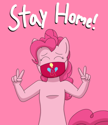 Size: 1080x1242 | Tagged: safe, artist:fruiitypieq, artist:shycookieq, pinkie pie, earth pony, pony, anthro, g4, caption, commission, coronavirus, covid-19, double peace sign, eyes closed, face mask, female, mare, mask, peace sign, text, ych result