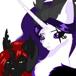 Size: 480x480 | Tagged: safe, artist:_goddesskatie_, oc, oc only, alicorn, changeling queen, pony, alicorn oc, bust, changeling queen oc, duo, eye scar, female, horn, mare, scar, simple background, white background, wings