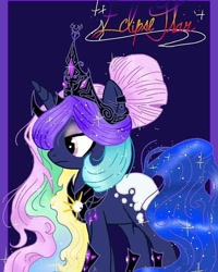 Size: 640x800 | Tagged: safe, alternate version, artist:_goddesskatie_, princess celestia, princess luna, pony, unicorn, g4, base used, eyelashes, female, frown, fusion, hoof shoes, horn, jewelry, mare, peytral, tiara, wings