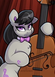 Size: 1500x2100 | Tagged: safe, artist:shyshyoctavia, octavia melody, earth pony, pony, g4, bow (instrument), cello, chest fluff, ear fluff, eyeshadow, female, hoof hold, looking at you, makeup, mare, musical instrument, solo