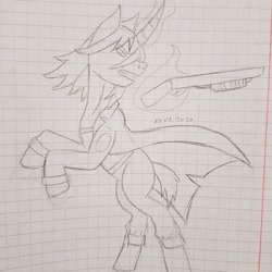 Size: 1440x1440 | Tagged: safe, artist:agdapl, pony, unicorn, boots, clothes, glowing horn, graph paper, gritted teeth, gun, horn, lineart, looking back, magic, male, nurse, ponified, rearing, shoes, shotgun, signature, simple background, solo, stallion, team fortress 2, telekinesis, traditional art, weapon