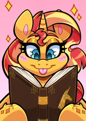 Size: 1500x2100 | Tagged: safe, artist:shyshyoctavia, sunset shimmer, pony, unicorn, g4, :p, blush sticker, blushing, book, book of harmony, colored pupils, cute, female, hoof hold, mare, reading, shimmerbetes, solo, tongue out, unshorn fetlocks