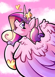 Size: 1500x2100 | Tagged: safe, artist:shyshyoctavia, princess cadance, alicorn, pony, g4, blush sticker, blushing, cloud, cute, cutedance, ear fluff, female, flying, heart, heart eyes, mare, open mouth, profile, sky, solo, spread wings, wingding eyes, wings