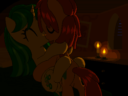 Size: 800x600 | Tagged: safe, artist:rangelost, oc, oc only, oc:tonsoria, oc:trailblazer, earth pony, pony, unicorn, cyoa:d20 pony, bed, bedroom, candle, duo, eyes closed, female, indoors, kissing, male, mare, night, pixel art, rule 63, stallion