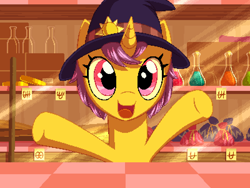 Size: 800x600 | Tagged: safe, artist:rangelost, oc, oc only, pony, unicorn, cyoa:d20 pony, bust, female, flask, hat, looking at you, mare, pixel art, potion, shop, smiling, witch hat