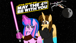 Size: 3840x2160 | Tagged: safe, artist:ejlightning007arts, artist:徐詩珮, oc, oc only, oc:ej, oc:hsu amity, alicorn, pony, alicorn oc, clothes, costume, crossover, cute, death star, duo, female, glasses, high res, hoof on shoulder, horn, i can't believe it's not 徐詩珮, implied shipping, jedi, lightsaber, magic, male, mare, may the fourth be with you, oc x oc, ocbetes, shipping, space, stallion, star wars, starfighter, stars, telekinesis, weapon, wings, x-wing