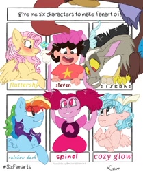 Size: 818x977 | Tagged: safe, artist:cocolove2176, cozy glow, discord, fluttershy, rainbow dash, draconequus, gem (race), human, hybrid, pegasus, pony, g4, spoiler:steven universe, spoiler:steven universe: the movie, :d, blushing, bust, crossover, female, filly, frown, gem, grin, male, mare, open mouth, six fanarts, smiling, spinel, spinel (steven universe), spoilers for another series, steven quartz universe, steven universe, steven universe future, steven universe: the movie