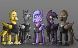 Size: 4000x2444 | Tagged: safe, artist:somber, oc, oc only, oc:contrail flyer, oc:double aught, oc:dr. horse, oc:golden flash, oc:soot, griffon, pegasus, pony, fallout equestria, armor, clothes, female, griffon oc, group, group photo, high res, male, mare, pegasus oc, pen and paper rpg