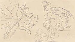 Size: 1600x900 | Tagged: safe, artist:tenebrisnoctus, fluttershy, rainbow dash, spitfire, pegasus, pony, g4, concave belly, female, male, mare, monochrome, sitting, sketch, spread wings, stallion, wings