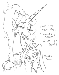 Size: 410x519 | Tagged: safe, artist:jargon scott, oc, oc only, oc:dyx, oc:okie dokey loki, alicorn, pony, unicorn, black and white, cigarette, dialogue, duo, female, filly, grayscale, magical lesbian spawn, mare, monochrome, mother and child, mother and daughter, offspring, older, older dyx, parent:oc:dyx, parents:oc x oc, simple background, smoking, white background