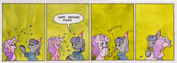 Size: 2200x791 | Tagged: safe, artist:lost marbles, maud pie, pinkie pie, earth pony, pony, g4, birthday, comic, comic strip, confetti, crying, dialogue, duo, duo female, female, happy, happy birthday, hat, hug, mare, noisemaker, party hat, pie sisters, siblings, sisters, tears of joy, traditional art, watercolor painting