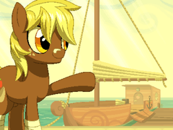 Size: 800x600 | Tagged: safe, artist:rangelost, oc, oc only, oc:apple basket, earth pony, pony, cyoa:d20 pony, bandage, cloud, colt, crepuscular rays, freckles, male, ocean, outdoors, pier, pixel art, sky, solo, standing, yacht
