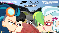Size: 1280x720 | Tagged: safe, artist:forzaveteranenigma, indigo zap, lemon zest, octavia melody, sugarcoat, human, fanfic:equestria motorsports, fanfic:shadowbolts racing, equestria girls, g4, circuit de spa francorchamps, eau rouge, face to face, forza motorsport, human coloration, humanized, race track, raidillon, serious, serious face, side view