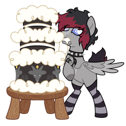 Size: 1280x1273 | Tagged: safe, artist:renhorse, oc, oc only, oc:devil cake, pegasus, pony, cake, choker, clothes, food, icing bag, male, mouth hold, socks, solo, spiked choker, stallion, striped socks