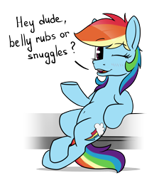Size: 4300x4800 | Tagged: safe, artist:dacaoo, rainbow dash, pegasus, pony, absurd resolution, belly button, bellyrub request, blushing, bronybait, female, leaning back, looking at you, mare, one eye closed, simple background, solo, talking to viewer, transparent background, wingless, wink, winking at you