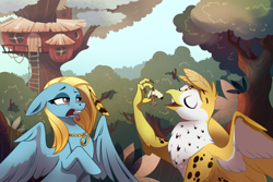 Size: 2239x1500 | Tagged: safe, artist:28gooddays, oc, oc:beaky, oc:brave blossom, griffon, pegasus, pony, fanfic:yellow feathers, disgusted, duo, female, griffon oc, jewelry, male, mother and child, mother and son, necklace, tree, treehouse, varying degrees of want