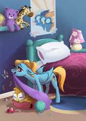 Size: 1500x2090 | Tagged: safe, artist:28gooddays, fleetfoot, soarin', spitfire, oc, oc:beaky, oc:brave blossom, griffon, pegasus, pony, fanfic:yellow feathers, g4, bed, duo, female, griffon oc, male, mother and child, mother and son, plushie, wonderbolts, yarn, yarn ball