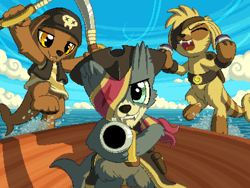 Size: 800x600 | Tagged: safe, artist:rangelost, oc, oc only, dog, hybrid, cyoa:d20 pony, cannon, cloud, hat, ocean, outdoors, pirate, pirate hat, pixel art, seadog, ship, sky, sword, trio, weapon