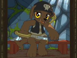 Size: 800x600 | Tagged: safe, artist:rangelost, oc, oc only, dog, hybrid, cyoa:d20 pony, chair, looking at you, pirate, pixel art, seadog, solo, sword, weapon