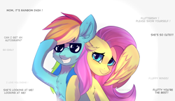 Size: 3100x1800 | Tagged: safe, artist:freak-side, fluttershy, rainbow dash, pegasus, pony, g4, blushing, cheek fluff, chest fluff, ear fluff, fans, female, glasses, grin, hiding behind wing, lesbian, offscreen character, ship:flutterdash, shipping, smiling, sunglasses, wavy mouth, wings