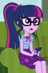 Size: 385x590 | Tagged: safe, screencap, sci-twi, twilight sparkle, equestria girls, g4, my little pony equestria girls: better together, text support, text support: sunset shimmer, cropped, solo