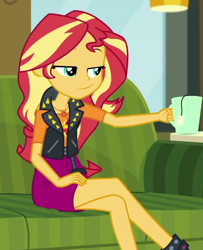 Size: 484x595 | Tagged: safe, screencap, sunset shimmer, equestria girls, g4, my little pony equestria girls: better together, text support, text support: sunset shimmer, cropped, smiling, smirk, solo