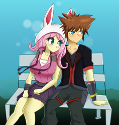 Size: 1959x2063 | Tagged: safe, artist:kamushek228, fluttershy, human, fanfic:kingdom hearts of harmony, g4, breasts, busty fluttershy, commission, disney, duo, female, humanized, kingdom hearts, male, shipping, sora, sorashy, video game