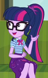 Size: 316x509 | Tagged: safe, screencap, sci-twi, twilight sparkle, equestria girls, equestria girls series, g4, text support, clothes, cropped, geode of telekinesis, glasses, magical geodes, open mouth, ponytail, skirt, smiling, solo, talking, text support: sunset shimmer